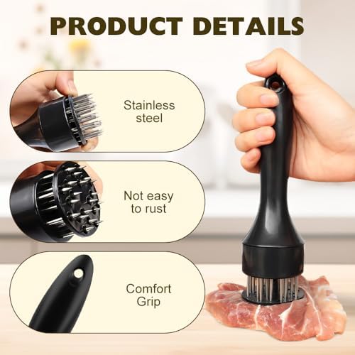 Stainless Steel Meat Tenderizer, 2025 Upgraded Stainless Steel Meat Tenderizer Needle 21 Pin Steak, Ultra Sharp Needle Blades Chicken BBQ Kitchen Cooking Tool, With Pounding Steak Mallet Tool (2-Mix)
