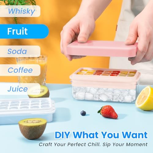 PHINOX Ice Cube Tray with Lid and Bin, Easy Release 28 Cubes for Freezer