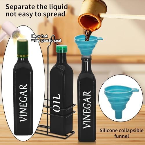 Farmhouse Oil and Vinegar Dispenser Set, 17 oz, beautiful olive oil dispenser, includes a black steel rack and a funnel, vintage cruets for vinegar and oil (Black)