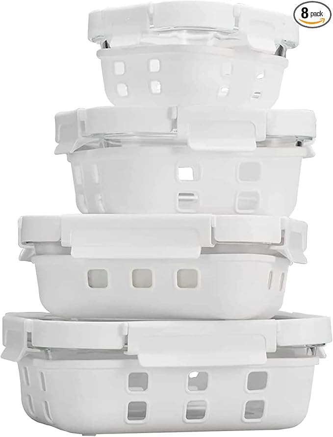 Glass Food Storage Meal Prep Containers - Food Grade Silicone Wrap & Air Release Vent, Rectangular shape - 8 Pc Set (4 Containers - 4 Matching Lids)