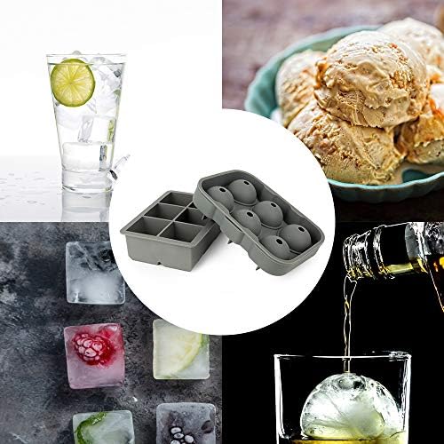 Ticent Ice Cube Trays Set of 2-Silicone Sphere Ice Ball Maker with Lid & Large Square Ice Molds for Whiskey, Cocktail & Brandy (Grey)