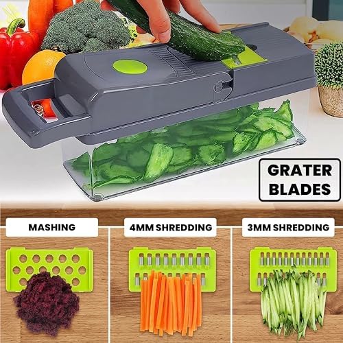 Vegetable Chopper 16 in 1- Multifunctional Food Chopper with 7 Blades- Mandoline Slicer, Dicer, Cutter, Peeler & Grater for Onion, Potato, Salad, Carrot, Garlic with Drain Basket & Container