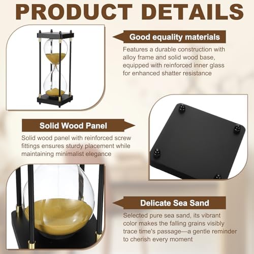 PATIKIL Large Decorative Sand Timer, 60 Minutes Wood Hour Glass Timer Modern Wooden Hour Glass for Cooking Game Office Classroom Kitchen Home, Gold Tone(Style 1)