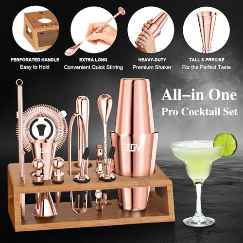 IOV Mixology Bartender Kit Bar Set with Stand | 17-Piece Cocktail Shaker Set | 28oz Boston Shaker Drink Mixer Set with All Essential Accessory Tools | Fun Housewarming Gift (Rose Gold)