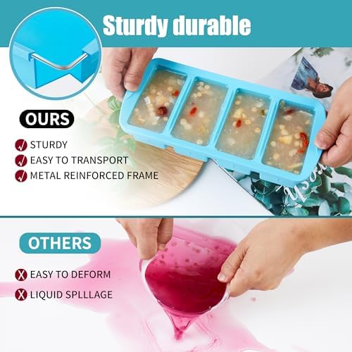 Silicone Freezer Tray with Lid 2 Pack Silicone Freezer Molds - Large Ice Cube Tray - Makes 8 Perfect 1 Cup Portions Soup Cubes Meal Prep Containers- Oven & Dishwasher Safe