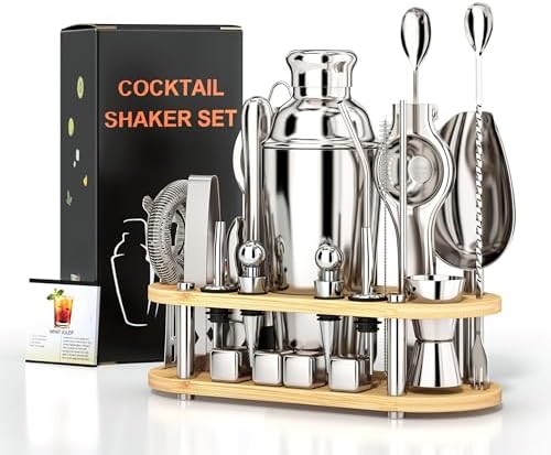 25pcs Stainless Steel Cocktail Shaker Set with Bamboo Stand