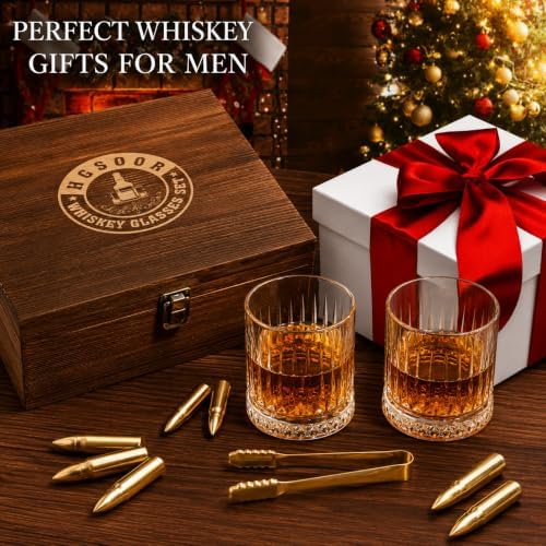 Gifts for Men Dad - Whiskey Glass Set with 6 Gold Bullet Whiskey Stones，Luxury Whiskey Set，Cool Bourbon Gifts for Men，Cool Drinking Accessories for Home Bar