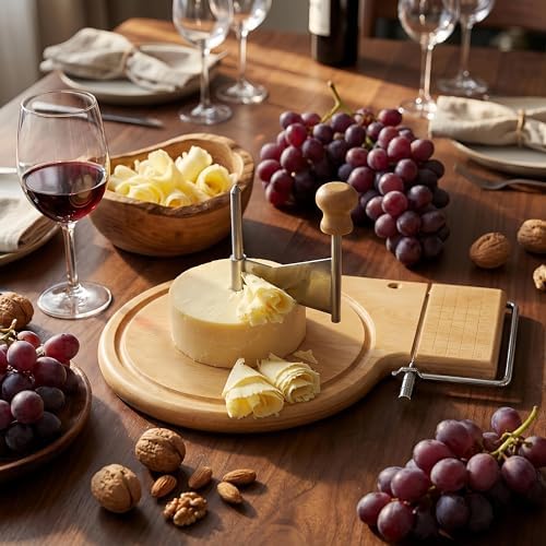 2-in-1 Cheese Slicer, Cheese Board with Curler and Wire Slicer, Thick Beech Wood Cheese Serving Board Set with Stainless Steel Blade, Countertop Girolle Cheese Shaver for Entertaining, 11.6 Inch