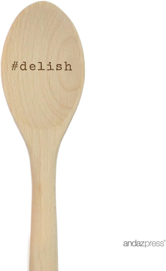 Andaz Press Laser Engraved Wooden Mixing Spoon, 12-inch, #Delish, 1-Pack
