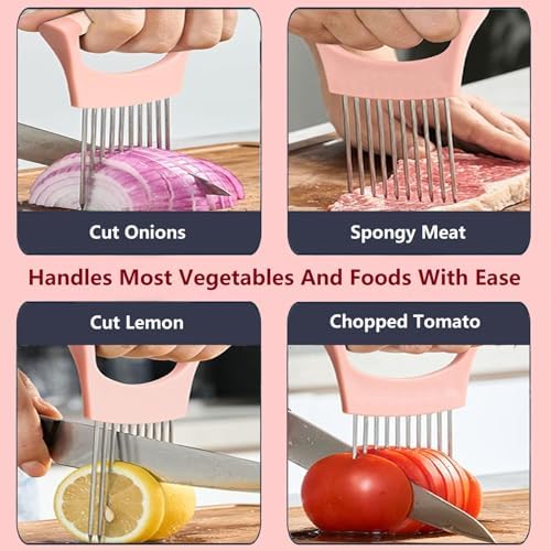 Upgraded Stainless Steel Lemon Slicer Onion Cutter, Onion Holder for Slicing, Vegetable Cutter Kitchen Chopper Slicing Assistant Tool for Potato and Tomato Avocados Eggs Meat (2, Black&Pink)