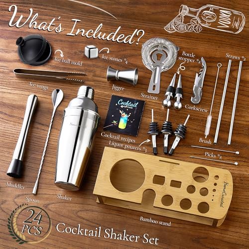 Cocktail Shaker Set,24-Piece Bartender Kit – Complete Bartending Kit Bar Set with Stand,Drink Shaker & Mixer – Perfect Bar Accessories for Home Bar Set,Housewarming Gifts for Men & Women,Silver
