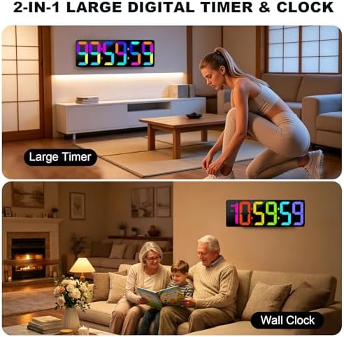TXL 17.2" Bluetooth Digital Wall Clock with Seconds, Large Countdown Timer for Classroom Home Gym Kitchen Office, Alarm Clock with Remote Control, 4 Dimmable Brightness, Auto DST (RGB)