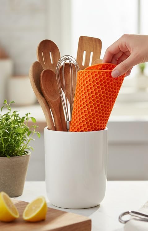 6-Pack Silicone Trivet Mats, Heat Resistant Hot Pads, Dishwasher Safe Kitchen Mats, BPA-Free Pot Holders for Table, Countertop, Stove, Honeycomb Design (Orange, 7” Square/Round)