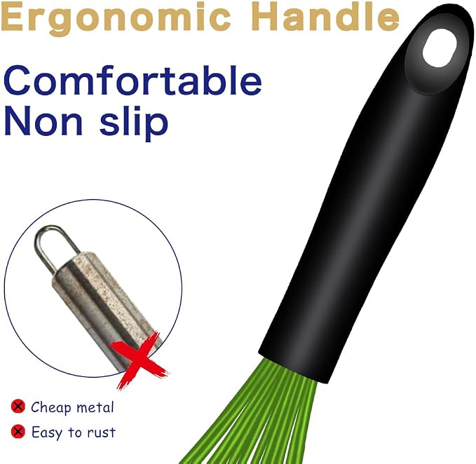 OYV Dishwasher Safe Green Silicone Whisk, Sealed Waterproof Design Set of 3, Professional Kitchen Whisks for Cooking Non-Scratch, Silicone & Stainless Steel Whisk, Heat Resistant Balloon Egg Beater