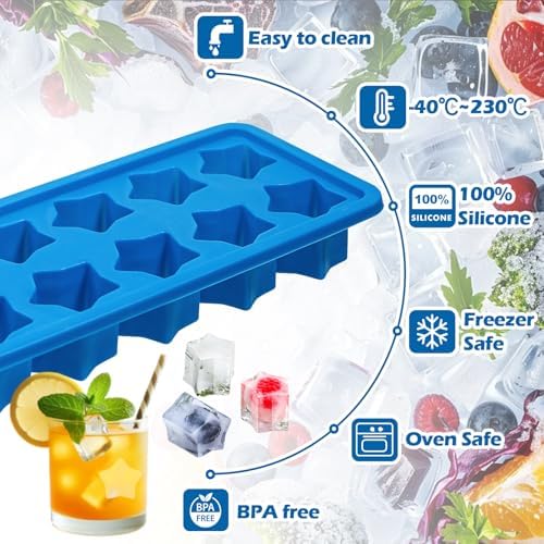 Webake Silicone Ice Cube Trays Star Shaped Ice Cube Molds for Whiskey and Cocktails, Easy Release Jelly Crayon Mold Pack of 3 Blue