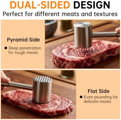2Pcs Meat Tenderizer Tool Set - Stainless Steel Needle Tenderizer & Dual Sided Meat Hammer, Meat Pounder Flattener Chicken, Meat Beater for Steak & Beef, Chicken Pounder Kitchen Mallet for Cooking