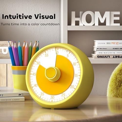 Visual Timer for Kids 60-Minute Countdown Timer with Optional Alarm, Focus Tool for ADHD & Autism, Time Management for Homework, Chores, Office, Kitchen, Teaching & Study Routines (Yellow)