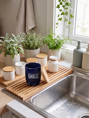 Ceramic Garlic Saver Container with Wood Lid (Navy)