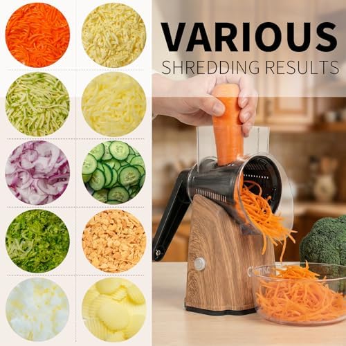 Upgrade Rotary Cheese Grater Shredder with Handle, Strong Suction Base, Multi-purpose Rotary Grater Slicer with 5 Interchangeable Blades for Ice, Vegetables, Fruit, Nuts with Blade Storage Box