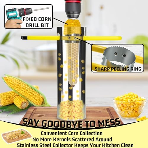 Corn Stripper for Corn on the Cob,Electric Corn Kernel Remover Tool with Drill Bit, Adjustable Corer,Stainless Steel Collector to Prevent Splashing,Corn Cutter for Efficient Mess-Free Kernel Removal