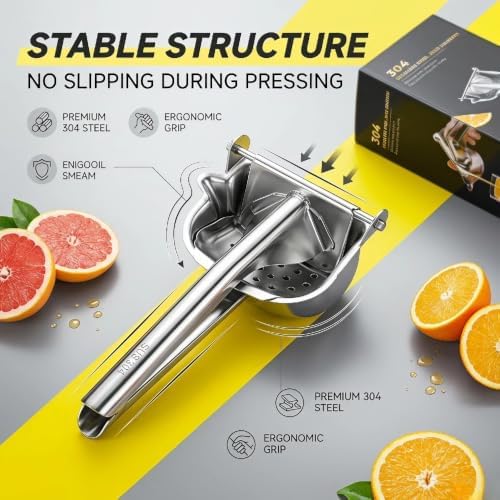 304 Food Grade Stainless Steel Manual Lemon Squeezer, Heavy Duty Hand Press Citrus Juicer Handheld Juice Extractor for Orange Lime Grapefruit Watermelon Grape, Portable Fruit Juice Presser