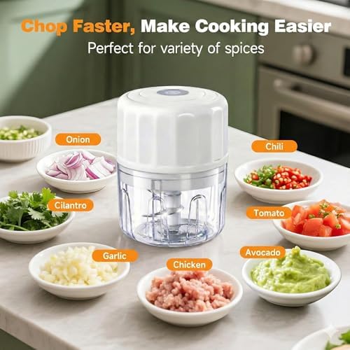 Electric Garlic Chopper, 250ML Portable Cordless Mini Food Processor, USB Rechargeable Vegetable Chopper Blender for Nuts Chili Onion Minced Meat Baby Food and Spices, BPA-Free (White)