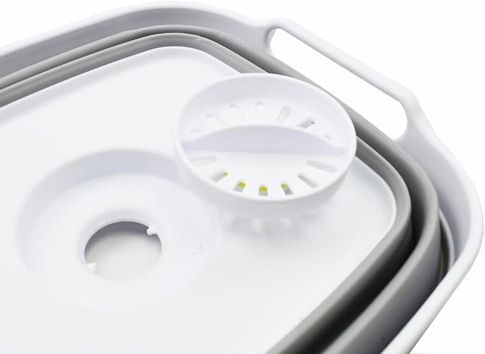 SAMMART 7.5L (2 Gallons) Collapsible Dishpan with Draining Plug - Foldable Washing Basin - Portable Dish Washing Tub - Space Saving Kitchen Storage Tray (White/Grey, 1)