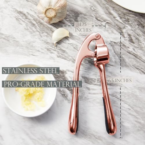 Kitessensu High Effective Premium Garlic Press Set, With Silicone Garlic Peeler & Brush, Heavy Duty Garlic Mincer, Easy to Squeeze and Clean, Rust Proof & Dishwasher Safe - Rose Gold