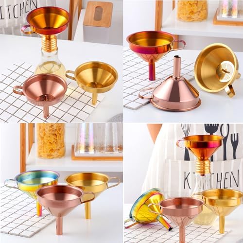 DOCBLACK Stainless Steel Funnel Set of 2, Stainless Steel Funnel with Removable Strainer and Handle, Food Grade Metal Kitchen Funnel for Fluid, Liquid, Oil, Powder Filling Bottles (Gold & Rosegold)