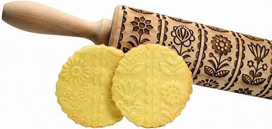 FOLKSY FLOWERS Embossing Rolling Pin. Laser Engraved Dough Roller with Folk Pattern for Embossed Cookies and Pottery by Algis Crafts