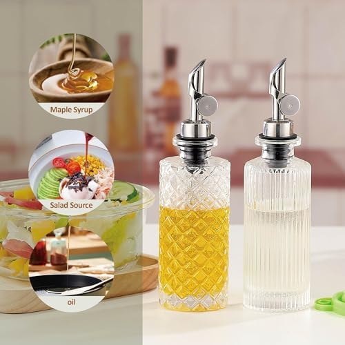 Glass Olive Oil Dispenser Bottle Small, 6.5 Oz/ 200 ml Coffee Simple Syrup Bottles with Silver Metal Pour Spout, Funnel, Measuring Cup, Oil and Vinegar Bottle for Kitchen (2 Pack)