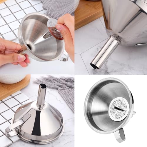 DOCBLACK Stainless Steel Funnel Set of 2, Stainless Steel Funnel with Removable Strainer and Handle, Food Grade Metal Kitchen Funnel for Fluid, Liquid, Oil, Powder Filling Bottles (Silver & Rosegold)
