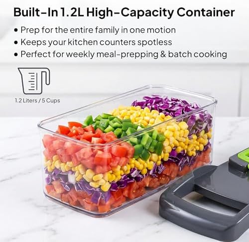 16-in-1 Vegetable Chopper, Mandoline Slicer & Onion Dicer with 1.2L Container, Food Chopper with Stainless Steel Blades, Vegetable Cutter, Cheese Grater, Potato Slicer, Kitchen Gadget