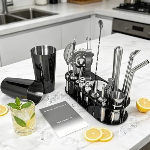 22-Piece Cocktail Shaker Set, 25/20oz Bartender Kit, Bartending Stainless Steel Bar Tools Sets for Drink Mixing, Boston Cocktail Shakers with Stand Recipes Booklet (Black-25-20oz)