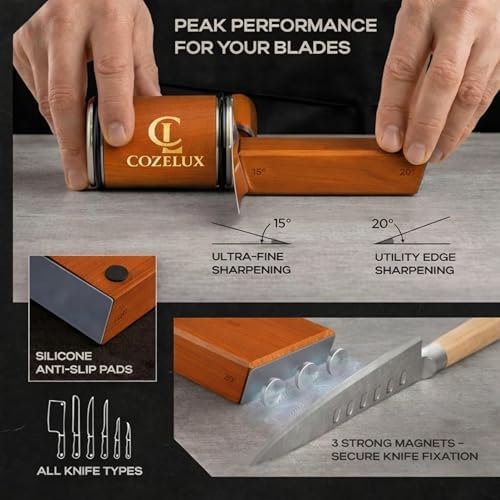Rolling Knife Sharpener Kit - 400 & 3000 Grit Diamond & Ceramic Discs, 15° & 20° Magnetic Angle Guide knife sharpening kit with Leather Strop
