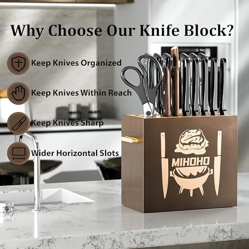Wood Universal Knife Block with Slots, Wood Knife Holder/Knife Organizer, Unique Knife Storage for Counter Top with Anti-Slip Base (Walnut D)