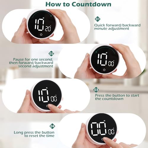 GeeRic Digital Kitchen Timers, 199 Minutes Countdown Countup Rotary Timer, Large LED Stopwatch, Volume Adjustable Kitchen, Study, Workout, and Office Timer White