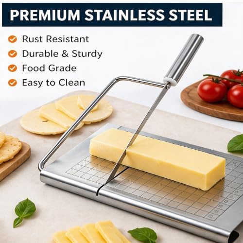 Cheese Slicer,Stainless Steel Cheese Slicer & Wire Cutter – Adjustable Thickness Board for Block Cheese, Butter, and Food Cutting, Heavy Duty