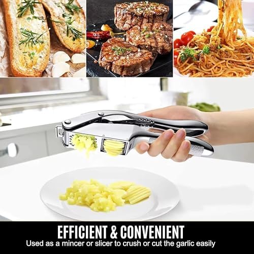 Garlic Press Stainless Steel - 3-in-1 Heavy Duty Garlic Press and Slicer, Professional Garlic Mincer Tool & Garlic Crusher with Ergonomic Handle, Dishwasher Safe Garlic Presser Set