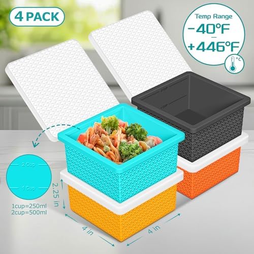 Silicone Freezer Molds for Soup Cube - 2-Cup Freezer Storage Container Tray with Lid,4 Pack Stackable Ice Cube Trays for Portion Control,Food Storage & Meal Prep (Lake Blue+Dark Gray+Orange+Yellow)