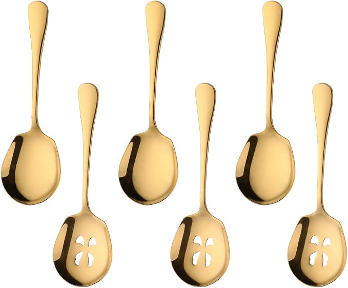 Meisha Serving Spoons Set, 3 Serving Spoons and 3 Slotted Serving Spoons, Matte Gold Stainless Steel Serving Utensils for Buffet Can Banquet Cooking Kitchen - Mirror Polished
