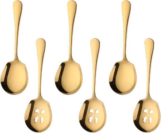 Meisha Serving Spoons Set, 3 Serving Spoons and 3 Slotted Serving Spoons, Matte Gold Stainless Steel Serving Utensils for Buffet Can Banquet Cooking Kitchen - Mirror Polished