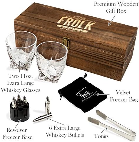 Whiskey Chillers Premium Gift Set By Frolk, Set of 6 Extra Large Stainless Steel Whiskey Stones, 2 Large Twisted Whiskey Glasses (11 oz), Freezer Base, Velvet Pouch & Tongs in Novelty Wooden Box