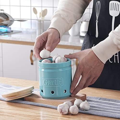 ONTUBE Garlic Keeper with Wooden Lid, 4.5-Inch Ceramic Garlic Holder 24oz (Turquoise)