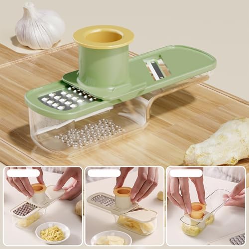 Mini Garlic Grinder, Multifunctional Garlics Grinder & Mandoline Slicer, 3-In-1 Garlic Slicer Veggie Shredder With Container, Hand Guard, For Can Grind, Slice And Shred (Green *1)