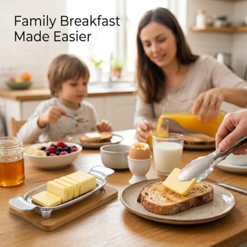 Butter Slicer Cutter with Serving Tongs, 304 Stainless Steel Butter and Cheese Cutter Wire Slicer Kitchen Gadget for Block Butter, Soft Cheese, Toast, Pancakes, Breakfast, Baking and Serving