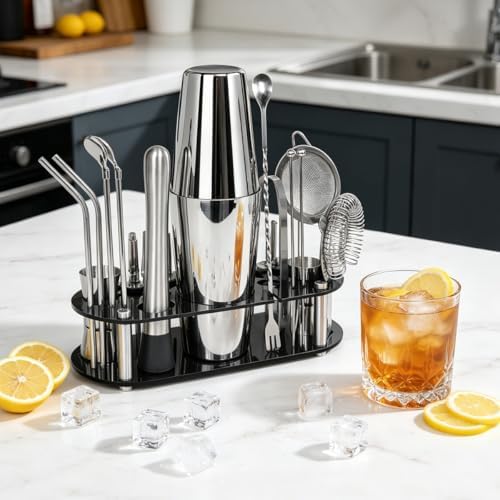 22-Piece Cocktail Shaker Set, 25/20oz Bartender Kit, Bartending Stainless Steel Bar Tools Sets for Drink Mixing, Boston Cocktail Shakers with Stand Recipes Booklet (Siver 25-20oz)