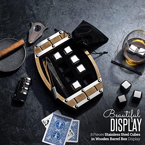Whiskey Stone Gift Set - 8 Pieces Stainless Steel Cubes in Wooden Barrel Box Display Includes Reusable Stones, Felt Bag & Tongs - Keep Drinks Cold for Scotch, Beer, Wine, Cocktails for Women & Men