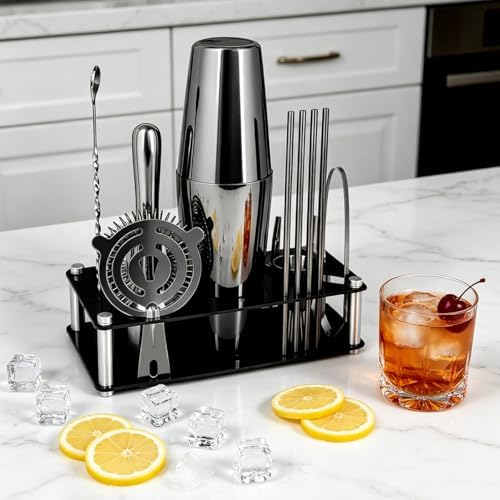Professional Cocktail Shaker Set with Stand Cocktail Recipes, 15-Piece 750/600ml Bartender Kit, Bar Sets Bartending Kit Bar Tool Set 25/20oz Boston Shakers, Jigger, Muddler (Black)