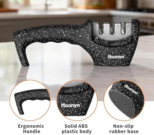3-Stage Knife Sharpener with Cut-Resistant Glove - Restores, Refines, and Polishes Knife Edges; Ergonomic, Ambidextrous Handle with Non-Slip Base (Granite Black)